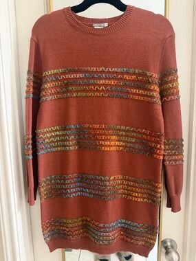 EARTHBOUND Rust Crewneck Sweater with Multicolor Woven Stripes